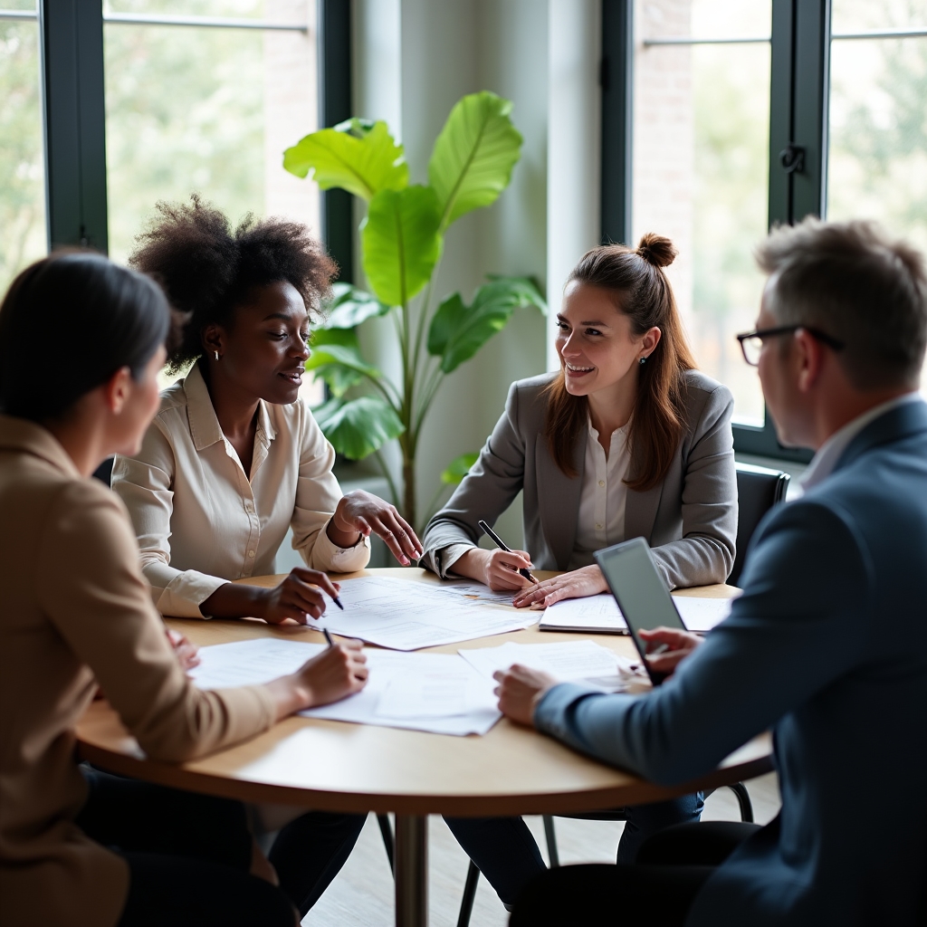 Small group of professionals collaborating around a table during a cohort workshop
