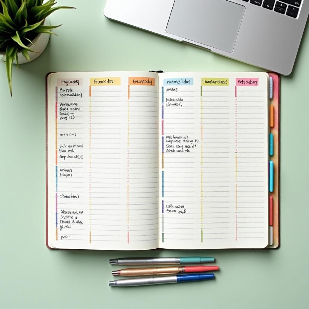 Open notebook with structured impact documentation alongside a laptop