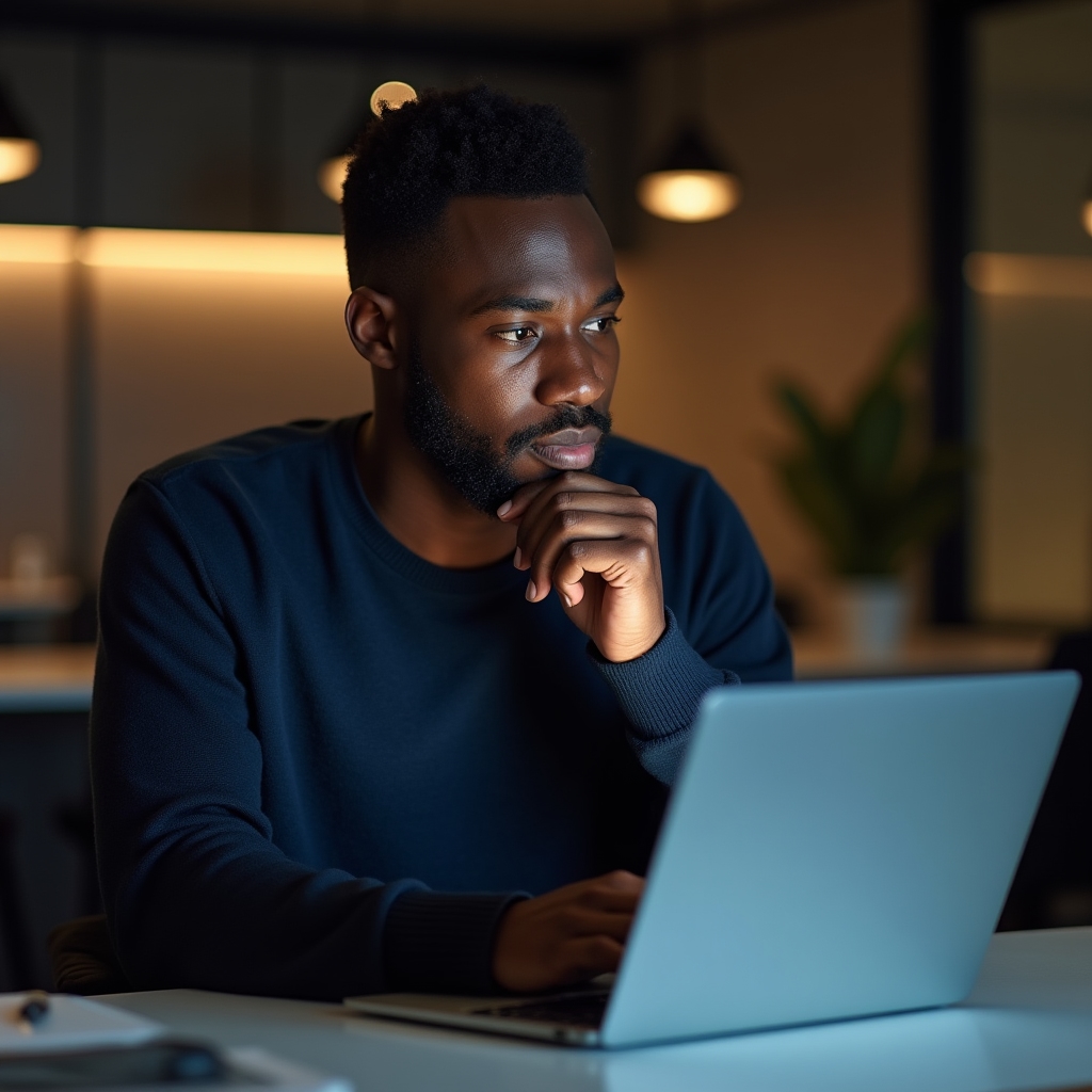 Professional looking thoughtfully at a computer screen during review season