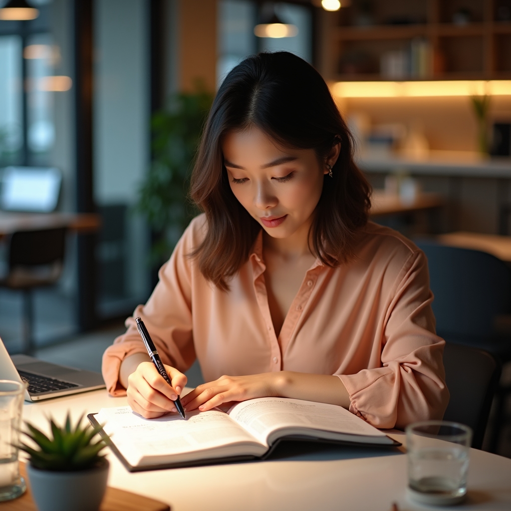 Professional woman planning her performance documentation at a modern desk