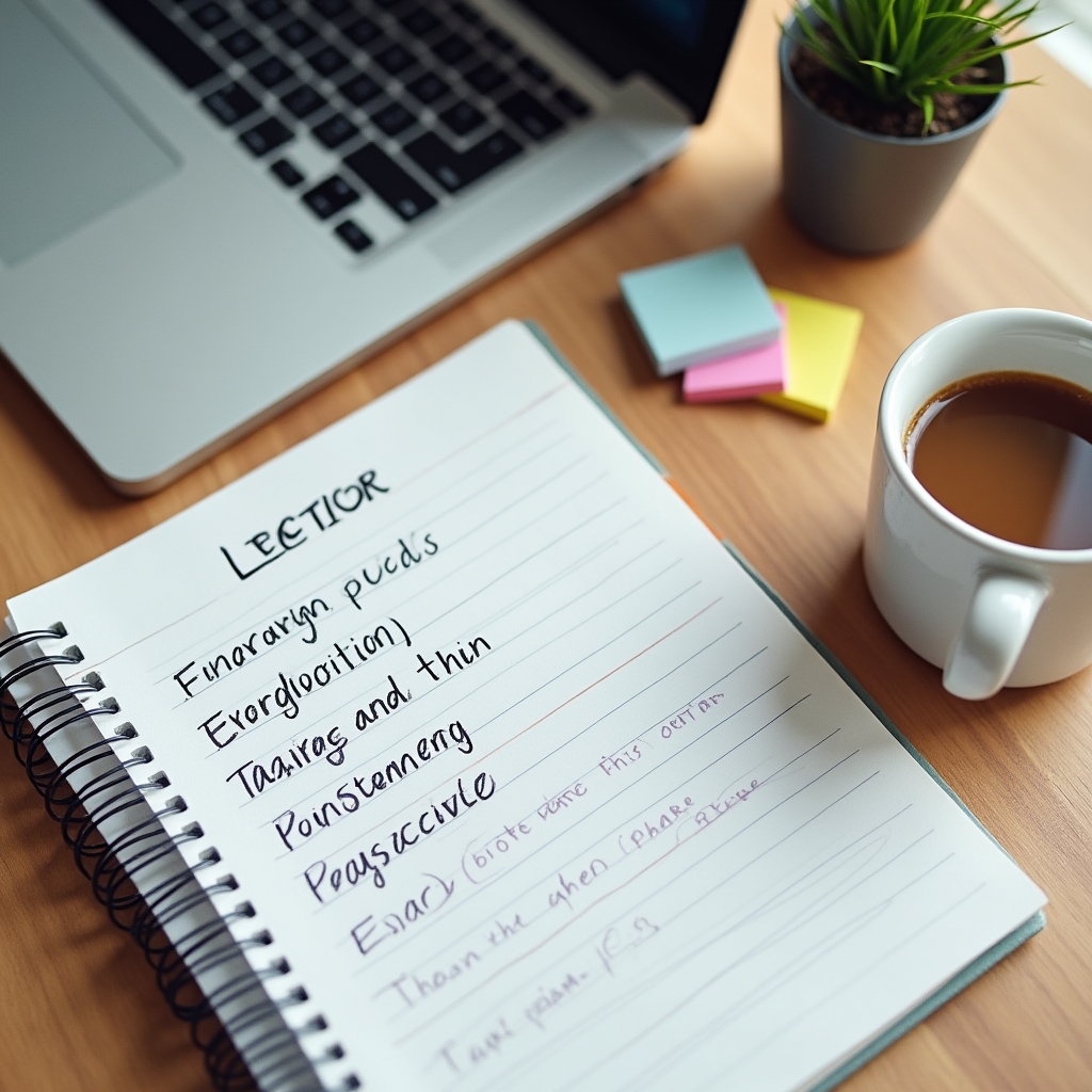 Organized desk with performance documentation notes