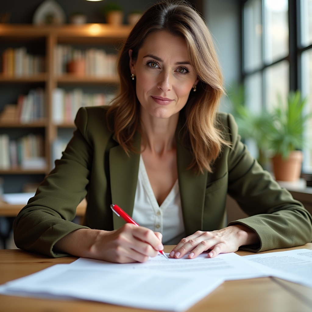 Professional editing a performance review document with focused expression